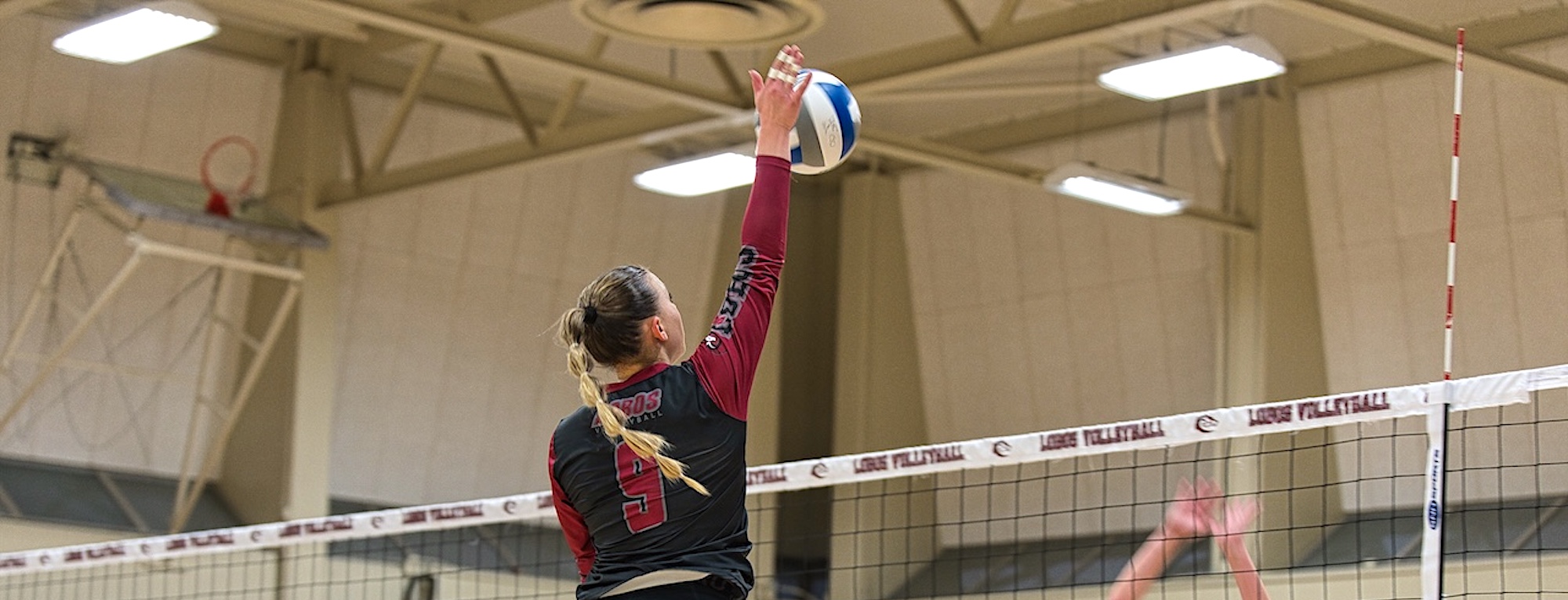 MPC Women's Volleyball Player Spiking Ball Over the Net